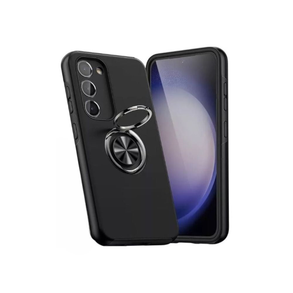 Black Samsung Galaxy S23 Series ring holder case with kickstand from Phone Base, featuring a sturdy ring and convenient stand for hands-free use.