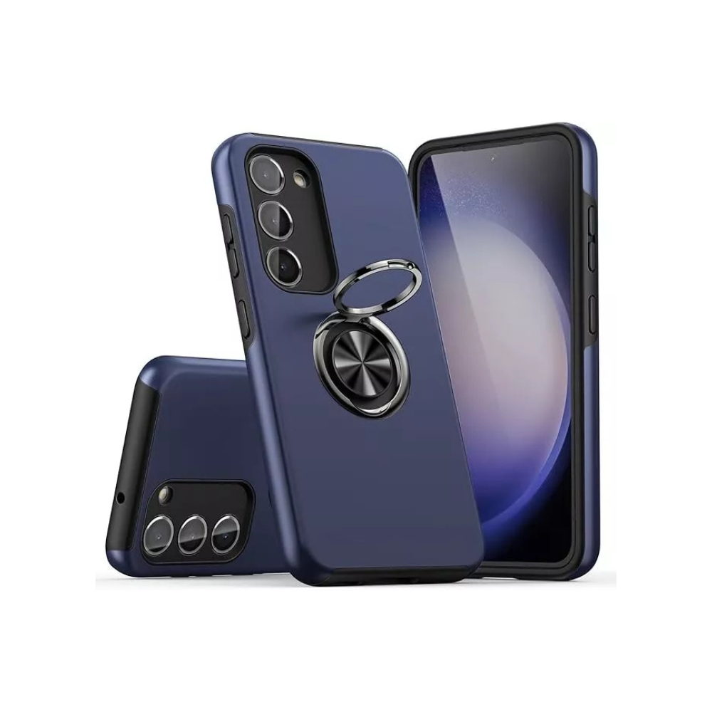 Blue Samsung Galaxy S23 Series ring holder case with kickstand, Phone Base ring case for secure grip and hands-free viewing.