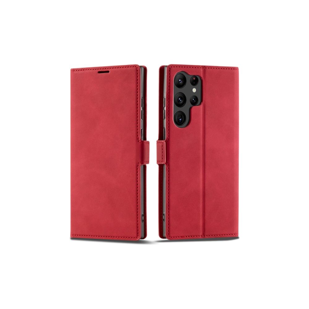 Red leather Samsung Galaxy S21 Ultra book flip case with wallet features, designed by Phone Base for stylish protection.