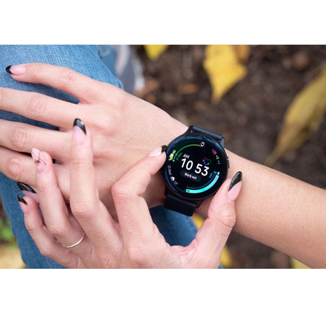 Refurbished Samsung Galaxy Watch Active 2 44mm smartwatch with black band and digital display showing fitness tracking features.