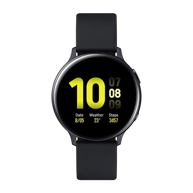 Refurbished Samsung Galaxy Watch Active 2 44mm smartwatch with black band and digital display showing fitness stats.