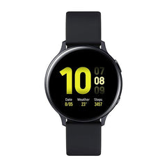 Refurbished Samsung Galaxy Watch Active 2 44mm smartwatch with black band and digital display showing fitness stats.