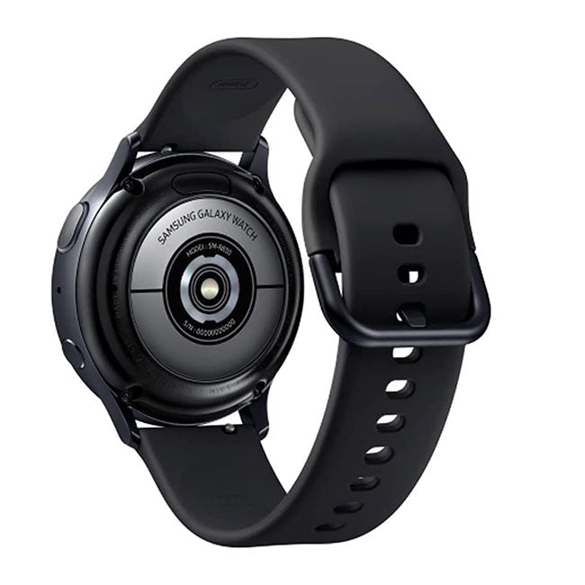 Samsung Galaxy Watch Active 2 44mm smartwatch with black band and digital display showing fitness tracking features.