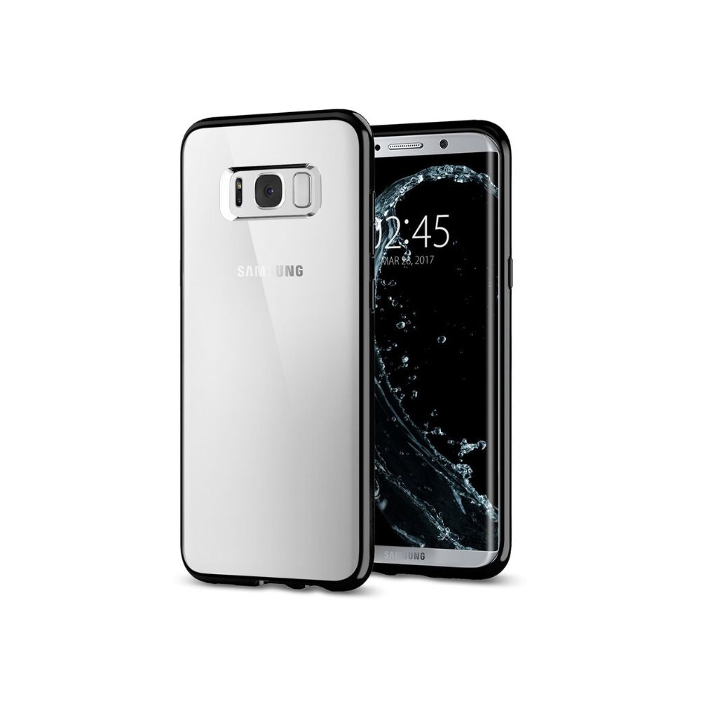 Samsung Galaxy S8 Spigen Ultra Hybrid clear and black protective phone case, showing the slim, transparent design with black accents.