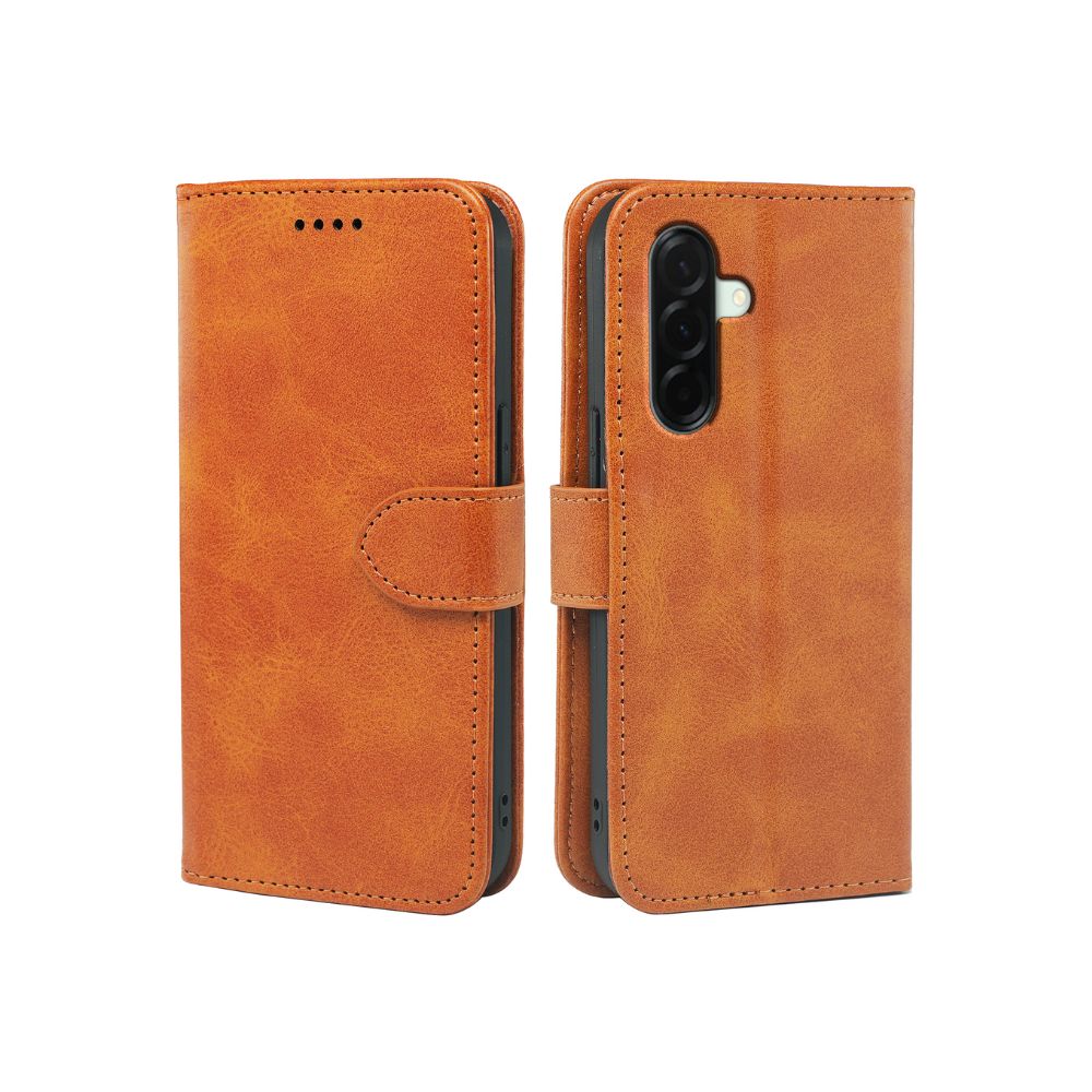 Samsung Galaxy A36/A56 Book Flip Case Leather Wallet from Phone Base, showing the brown leather wallet-style phone cover with card slots.