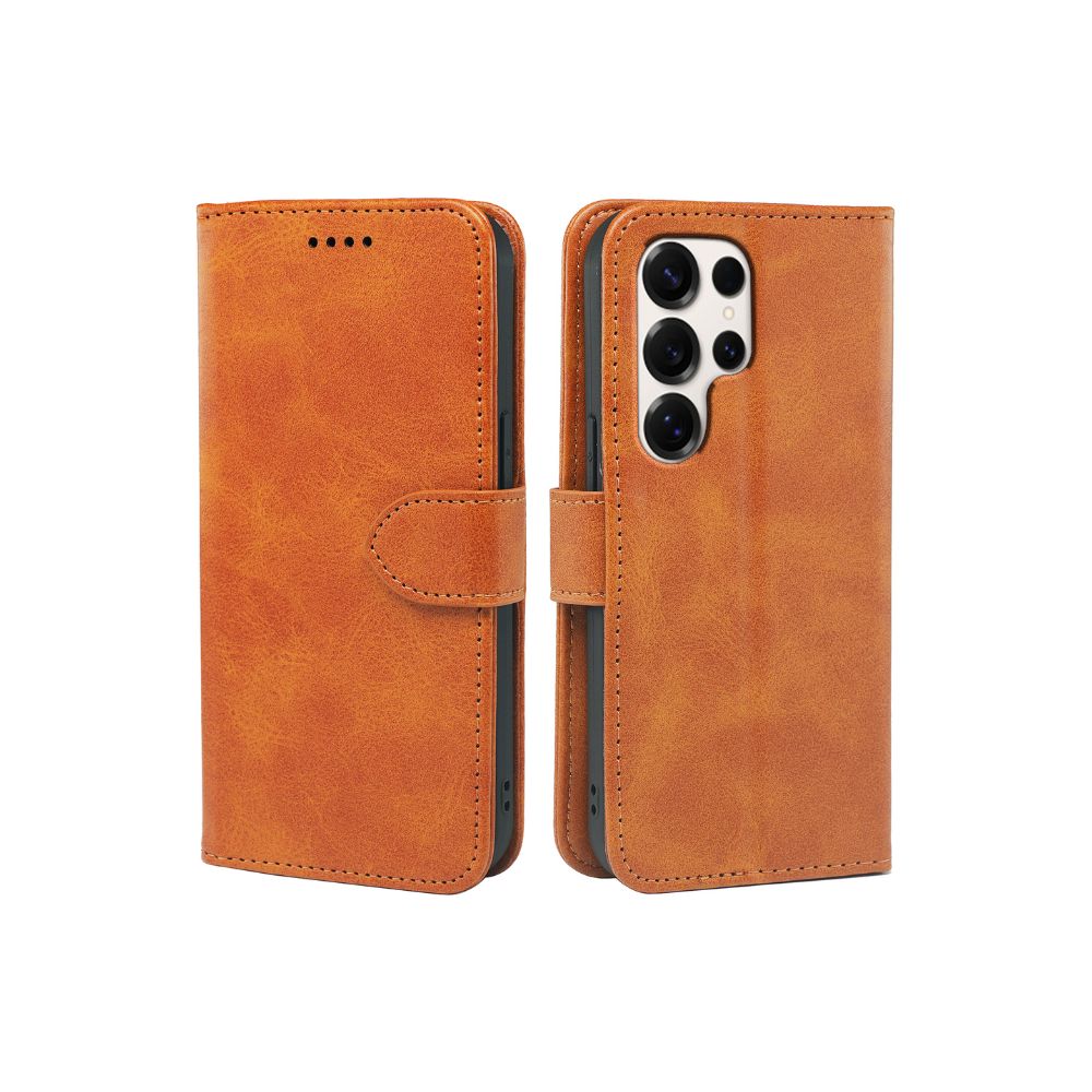 Samsung Galaxy S24 Series Book Flip Case Leather Wallet by Phone Base, showing the brown leather wallet cover with card slots and magnetic closure.