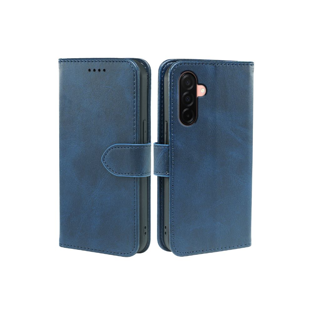 Samsung Galaxy A26 leather book flip case with wallet features, designed by Phone Base, shown open with card slots and protective cover.