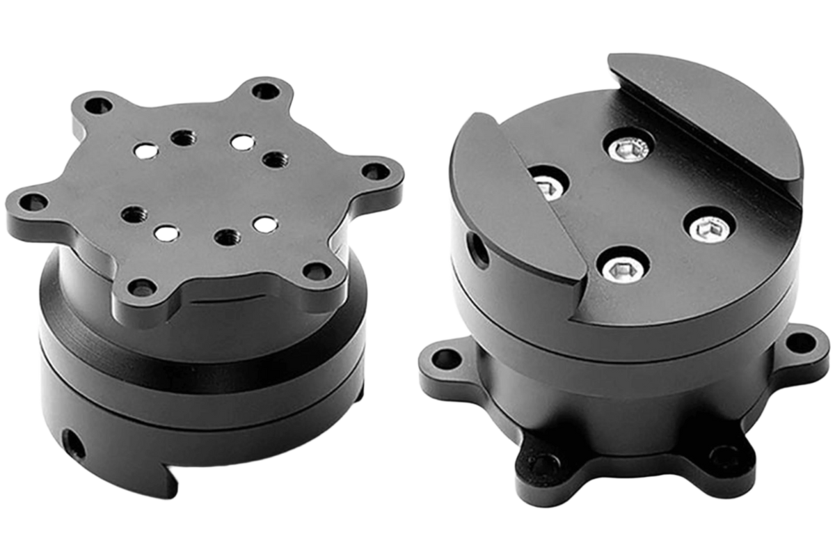 Trak Racer UK Simucube quick release wheel side kit with steering wheel and base connection, shown in close-up view.