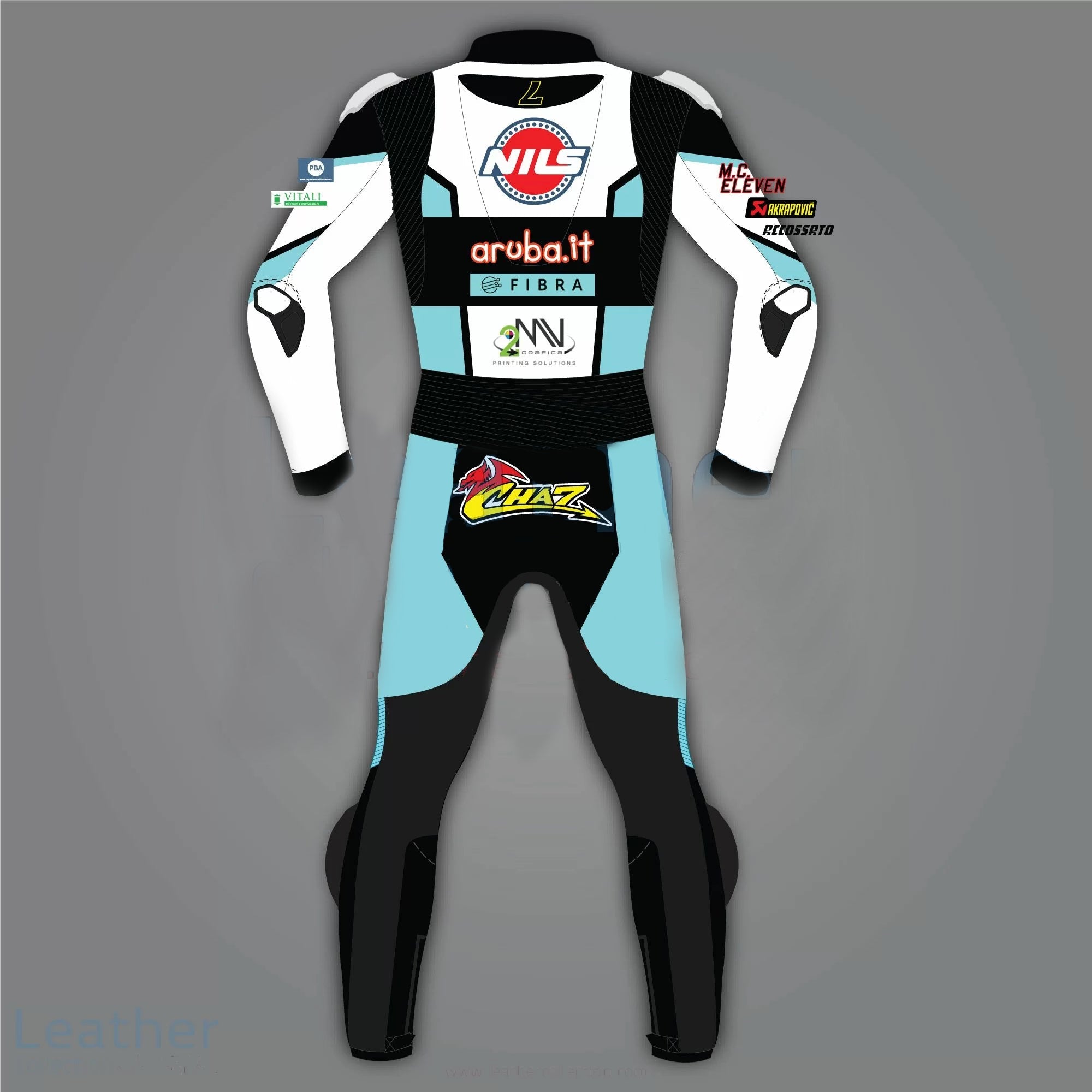 Back view of DAMOTOGEAR leather sport bike racing suit worn by Chaz Davies, featuring Ducati WSBK 2021 design and branding.