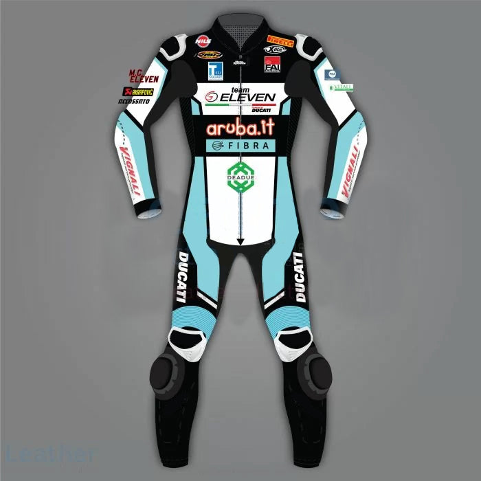 Leather racing suit by DAMOTOGEAR for sport bike racing, featuring Chaz Davies Ducati WSBK 2021 front view.