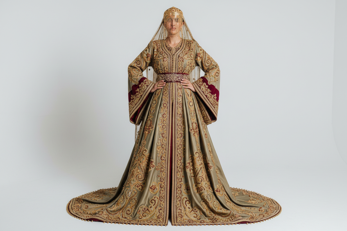 Traditional Burgundy Morrocan Wedding Dress With Gold Appliques