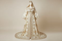 Elegant traditional Moroccan Muslim wedding dress with applique lace abaya, featuring intricate detailing and flowing fabric.