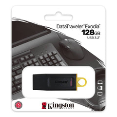Kingston DataTraveler Exodia USB flash drive in 128GB with sleek black design, shown upright on a white background.