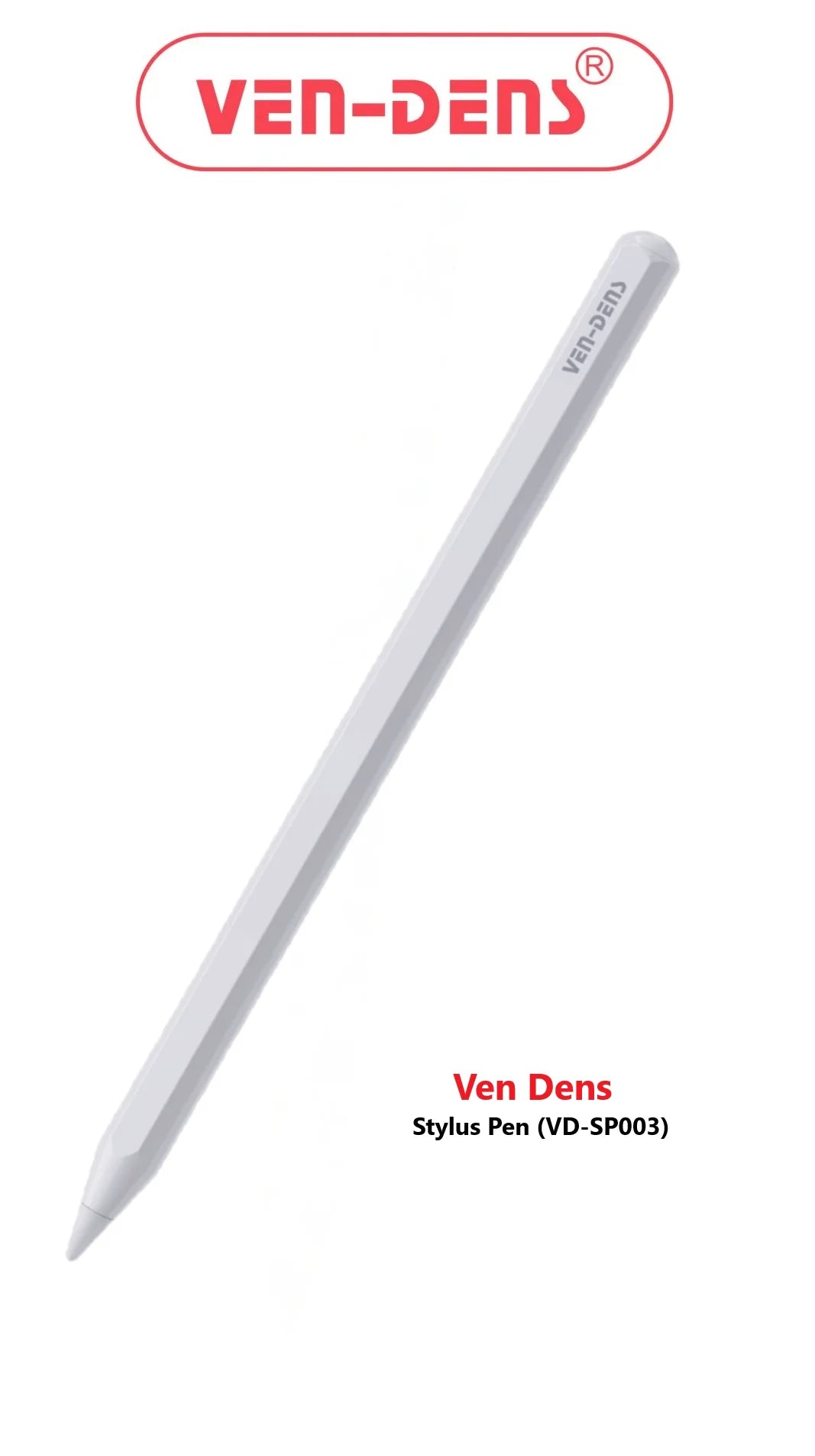 Phone Base VD-SP003 stylus pen for iPad with palm rejection and USB-C fast charge, shown resting on a tablet screen.