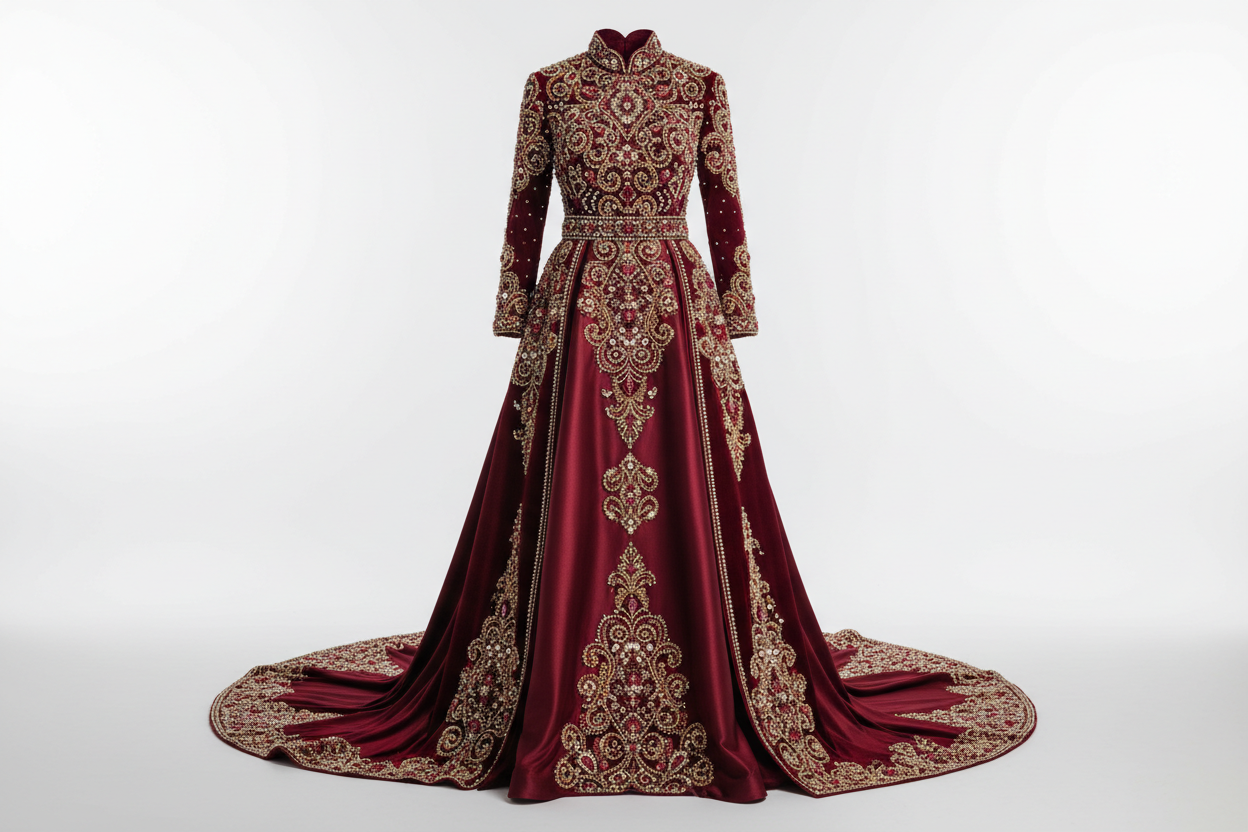 Vintage Muslim burgundy wedding dress by Adistore with beaded velvet satin fabric, featuring elegant embroidery and a flowing silhouette.