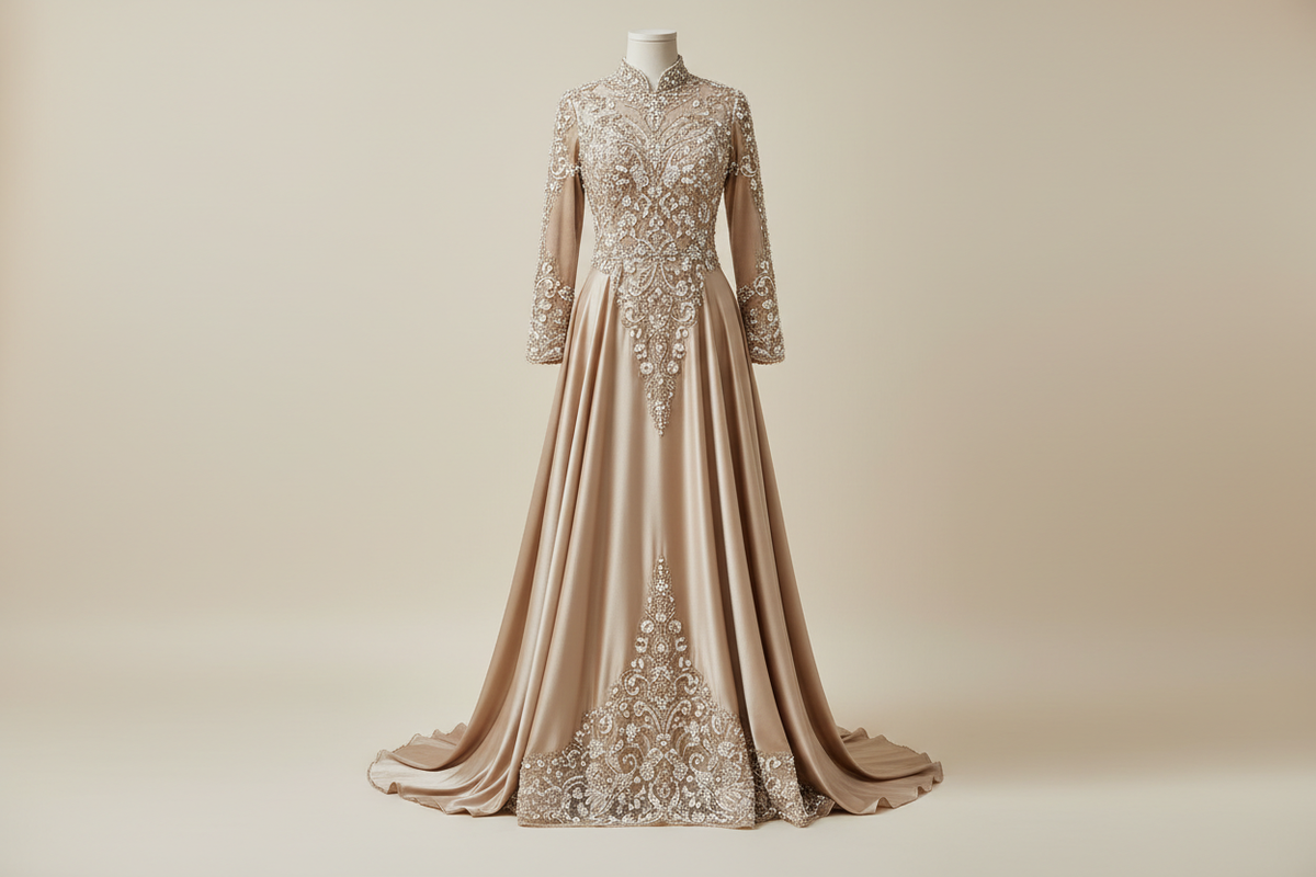Vintage Muslim Champagne  Wedding Dress - Beaded Velvet Satin
