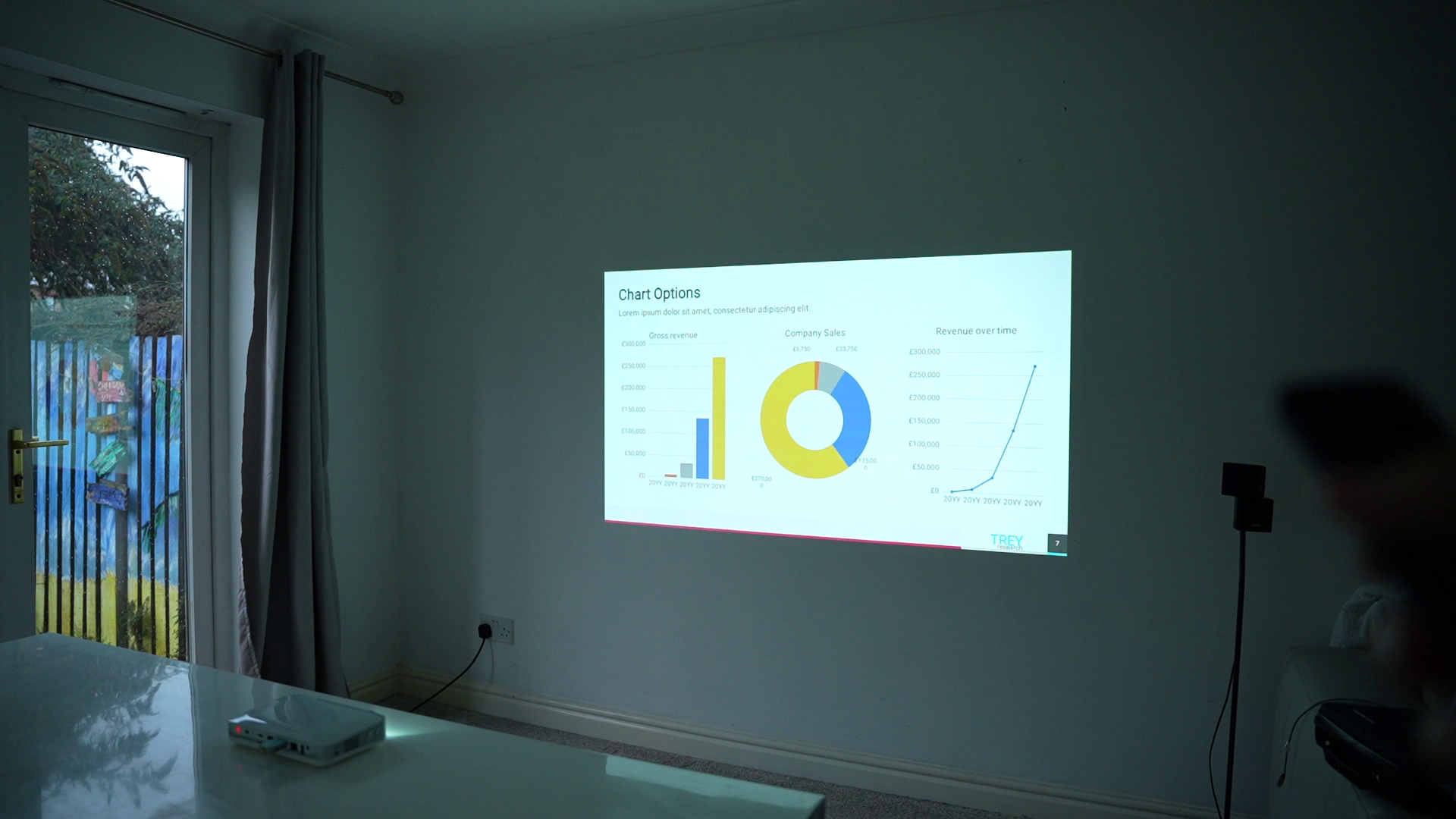 Personal Projector Pico Genie M550 Plus 4.0 smart projector displaying a full HD image with 650 lumens, ultra-portable design.