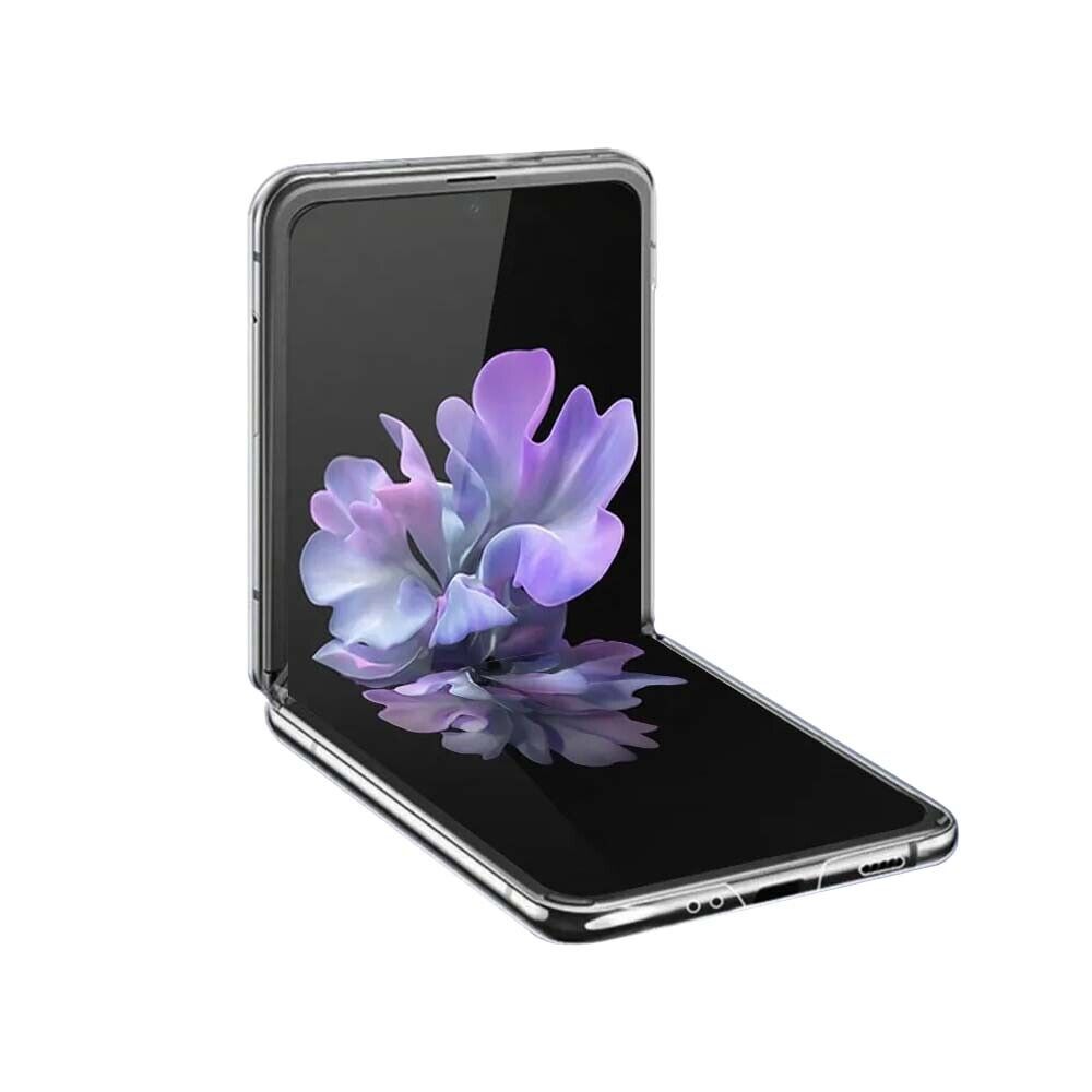 Samsung Galaxy Z Flip 6 clear silicone gel case by Phone Base, showing the transparent, flexible protective cover on the phone.