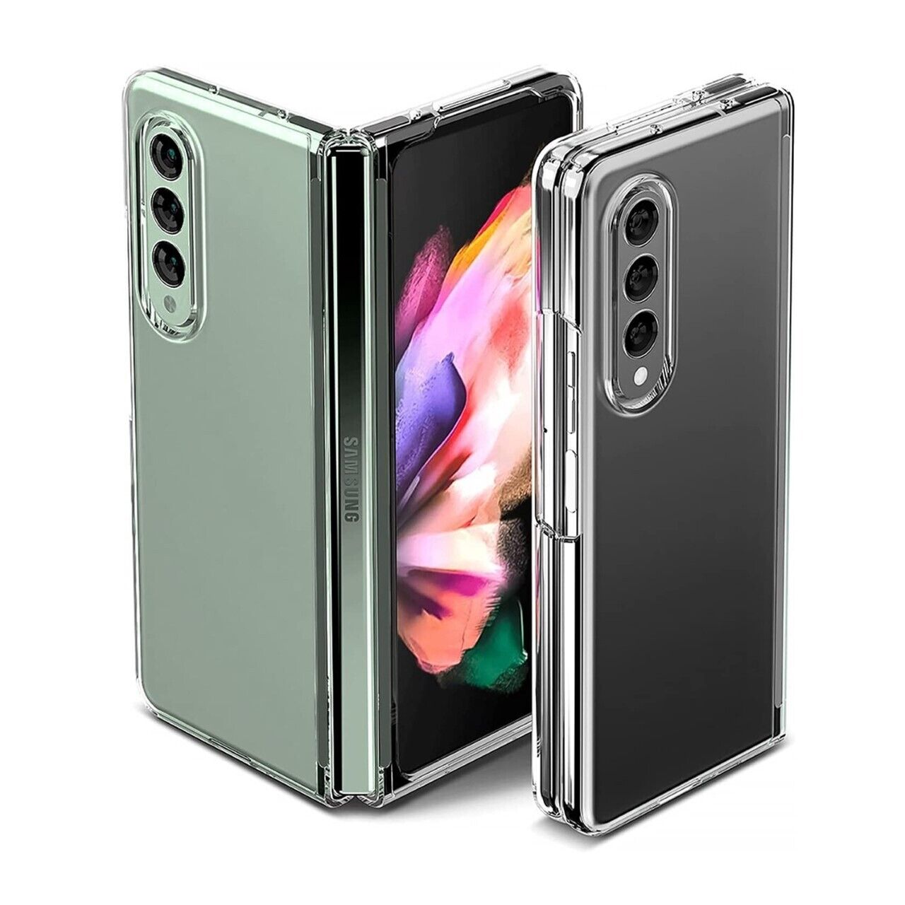 Samsung Galaxy Z Fold 5 transparent silicone gel case by Phone Base, showing a clear protective cover on the foldable smartphone.