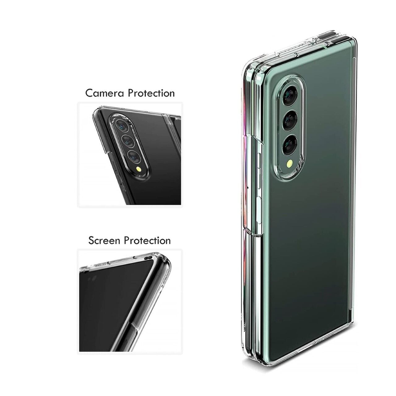 Samsung Galaxy Z Fold 5 clear silicone gel case by Phone Base shown on the phone, highlighting its transparent, flexible design.
