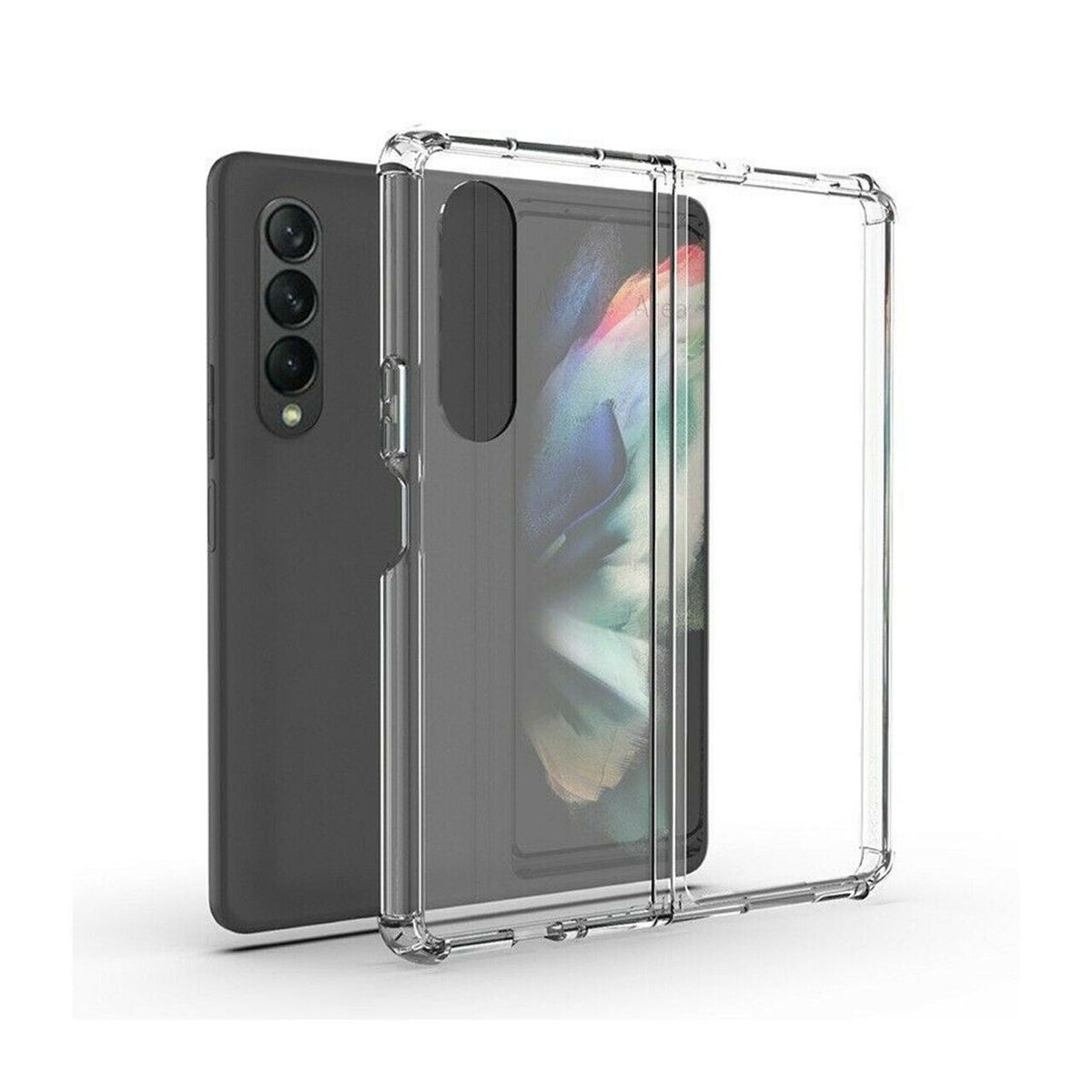 Samsung Galaxy Z Fold 5 transparent silicone gel case by Phone Base, showing a clear, flexible protective cover for the foldable phone.